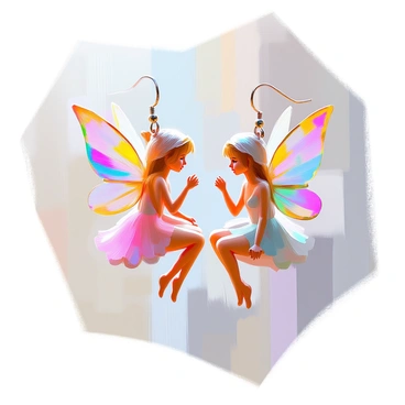 A pair of earrings designed to showcase "delicate fairies" with "translucent wings." Each fairy is intricately detailed, with features that reflect a magical essence. The wings are designed to appear ethereal and light, shimmering in an array of pastel colors. The fairies are positioned in a way that they seem to be fluttering, adding a sense of motion to the earrings. The earring hooks are elegantly styled, complementing the overall design while ensuring a secure fit.