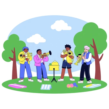 A brass quintet consists of two trumpets, a horn, a trombone, and a tuba, all positioned in a semi-circle. Each musician is focused on their instrument, with the trumpets gleaming in the sunlight. The horn has a shiny finish, while the trombone is slightly angled to reflect the light. Nearby, the tuba stands upright on a music stand. The park is filled with green grass and a few trees providing dappled shade. A blue sky with fluffy white clouds is visible above. There are a few scattered picnic blankets on the ground, hinting at a lively atmosphere.
