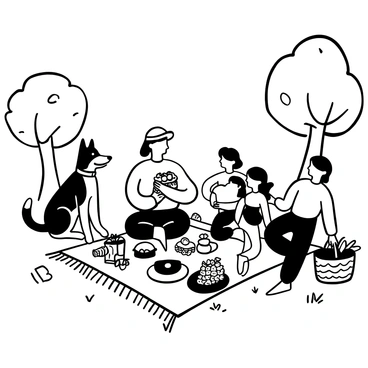 A German shepherd sitting attentively beside a picnic blanket. The blanket is spread out on the grass, adorned with an array of food items like sandwiches, fruits, and drinks. A family of four is gathered around the blanket, with a father holding a sandwich, a mother pouring drinks, and two children playing with a frisbee nearby. There are trees in the background providing shade, and a basket filled with snacks is placed next to the blanket.