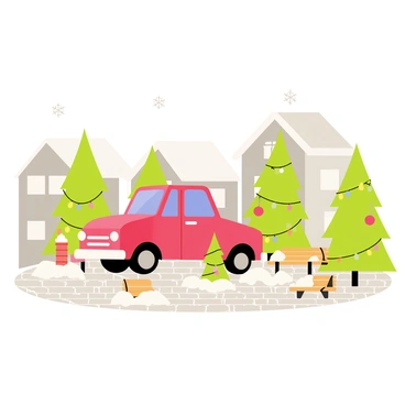 A red truck parked on a cobblestone square in a small village, surrounded by a thick layer of white snow. The square is filled with green pine trees adorned with colorful ornaments and strings of twinkling lights. Small wooden benches are dusted with snow, and a few snowflakes are gently falling from the gray sky. The quaint village buildings are visible in the background, adding to the festive atmosphere.