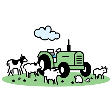 A green tractor is parked in the middle of a field. The tractor has large, black tires and a shiny, metal body. Surrounding the tractor are several curious cows, each with distinct patches of black and white spots, standing close by. Among the cows, there are a few fluffy sheep with white wool, some grazing on the grass while others observe the tractor. The field is vibrant with green grass and scattered wildflowers. The sky above is clear, with a few fluffy white clouds drifting by.