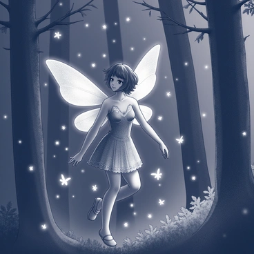 A fairy with delicate wings is positioned gracefully among an array of glowing fireflies. The fairy's attire features intricate patterns that shimmer subtly in the dim light. The surrounding forest is densely populated with tall trees, their trunks thick and textured. The atmosphere is filled with tiny, luminous fireflies that emit a soft glow, illuminating the dark forest. The background contains dense foliage and hints of branches, creating a sense of depth and enclosure.