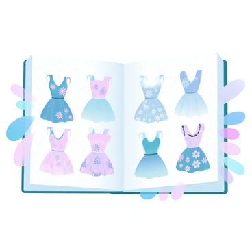 A sketchbook page filled with multiple designs of "flower dresses" in various styles. Each dress features unique floral patterns with intricate details. "Color swatches" are placed along the side, showcasing a range of vibrant hues and pastels, reflecting the colors of the flowers. The overall layout of the page is organized, with each dress illustration distinctly separated to highlight its individual design. The background of the sketchbook page has a subtle texture that adds depth to the presentation.