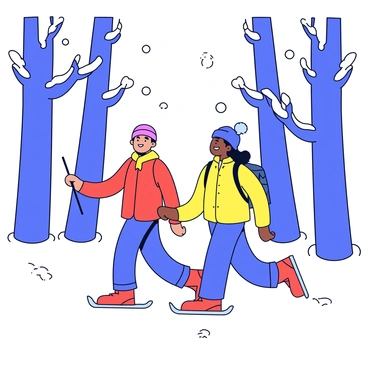 A couple wearing bright winter jackets is exploring a snowy forest while snowshoe hiking. They are surrounded by tall, snow-covered trees with thick branches. The ground is blanketed with fresh, white snow, and their snowshoes leave clear tracks behind them. The couple is smiling and looking at each other, enjoying the winter scenery. Flurries of snow gently fall from the sky, creating a tranquil winter atmosphere.