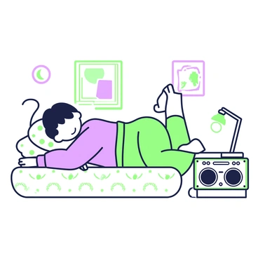 A child is lying on a bed, relaxed with their head resting on a pillow. The child has tousled hair and is wearing comfortable pajamas. Next to the bed, there is a vintage radio with knobs and a speaker, positioned on a small bedside table. A warm glow emanates from a bedside lamp with a decorative shade, illuminating the scene. The room has soft textures, with a patterned blanket draped over the bed and framed pictures on the wall, creating a cozy atmosphere.