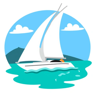 A sleek voilier with large, billowing white sails catching the wind. The boat is elegantly cutting through the turquoise water, creating gentle waves around its hull. The sky above is bright blue with a few fluffy white clouds scattered throughout. The sunlight glints off the water's surface, creating sparkling reflections. In the distance, a faint silhouette of a coastline can be seen, adding depth to the scene.