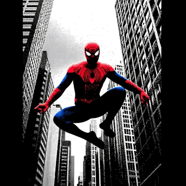 A figure dressed in a red and blue costume is swinging between tall skyscrapers. This character has an emblem on the chest resembling a spider. The setting is a bustling cityscape, with buildings looming in the background. Dark clouds fill the sky, and jagged bolts of lightning illuminate the scene sporadically, casting stark shadows. Rain falls heavily, creating a sense of movement and urgency. The figure is in mid-air, with one arm outstretched as if shooting a web. The details of the costume and the dynamic pose of the figure emphasize the action.