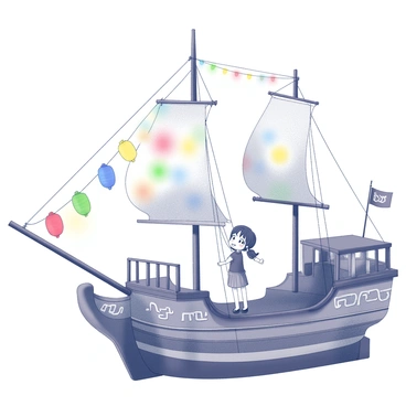 A gesugao ship girl is standing on the deck of her ship, preparing for a celebration. She is arranging colorful lanterns across the ship's railing and masts, adding a joyful touch to the setting. The ship features intricate details, with sails billowing gently in the breeze. The ship's hull is adorned with designs that reflect its maritime theme. The girl, dressed in a charming outfit, shows excitement as she hangs the lanterns, creating a cheerful atmosphere for the upcoming festivities.