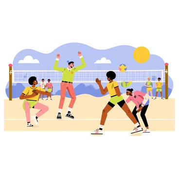 A volleyball court set in a sunny outdoor environment with a sandy surface. Two teams of players wearing colorful retro outfits from the 1970s are engaged in a lively game. One player is jumping high to spike the ball over the net, while another player is crouching low, preparing to receive the ball. The players have distinct hairstyles typical of the era, such as big afros and headbands. Spectators in the background are cheering, adding to the lively atmosphere of the game. The sun is shining brightly in a clear blue sky.