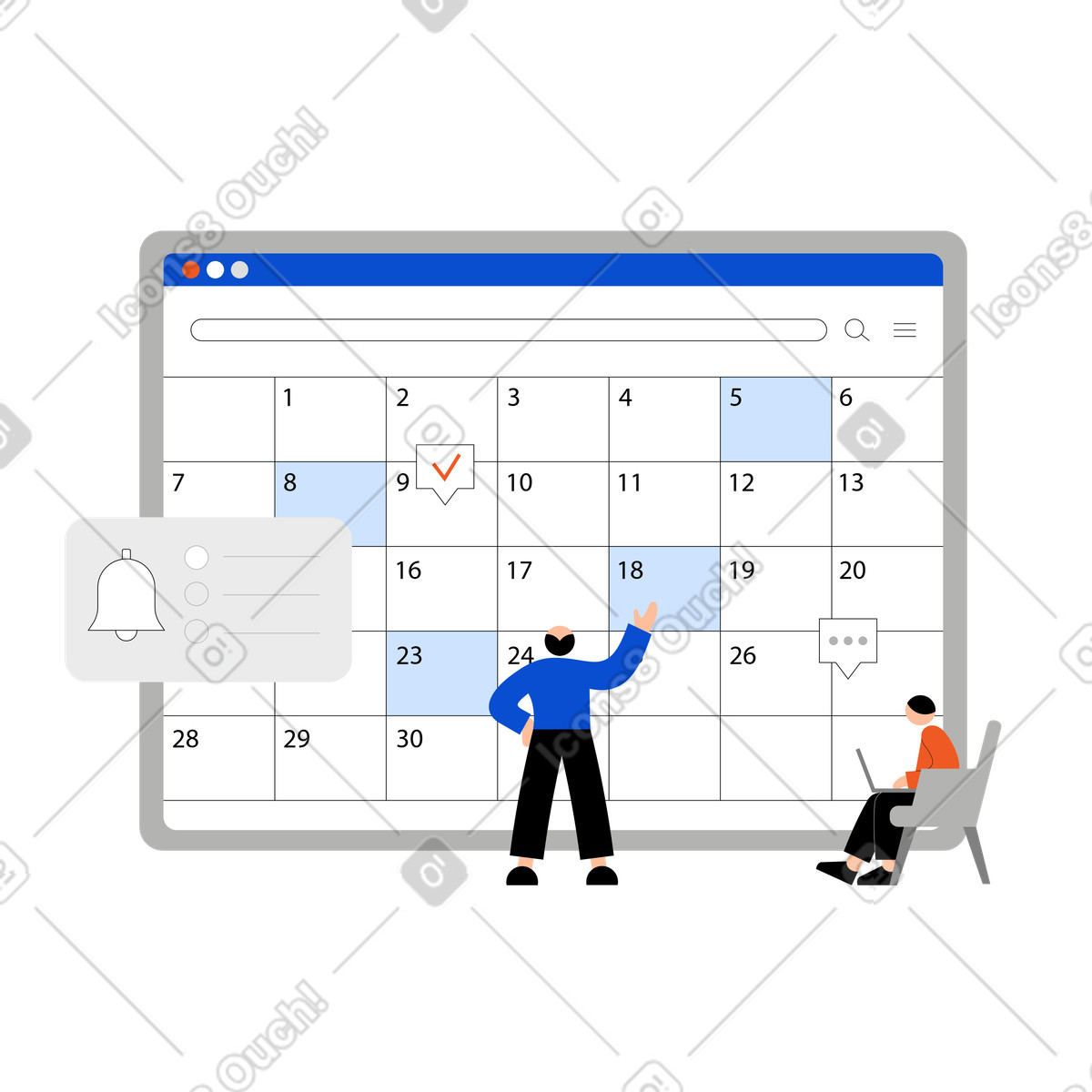 Ilustración Team interacting with digital planner, Business planning and time management en estilo Tiny a descargar en PNG y SVG