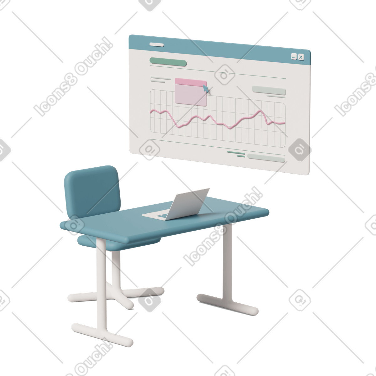 Workspace and graph with web browser in background illustration 3D Casual life style download PNG, SVG