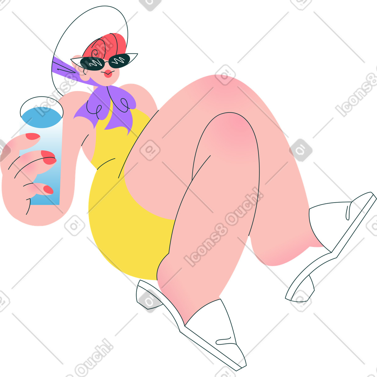 Ragazza in abito estivo seduto a gambe incrociate illustrazione stile Florid scarica PNG, SVG