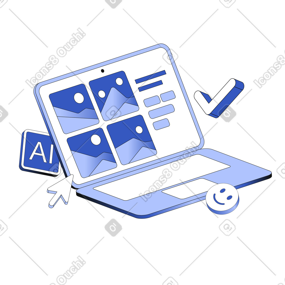 AI image generation platform on laptop, Generating visual content online illustration in PNG, SVG
