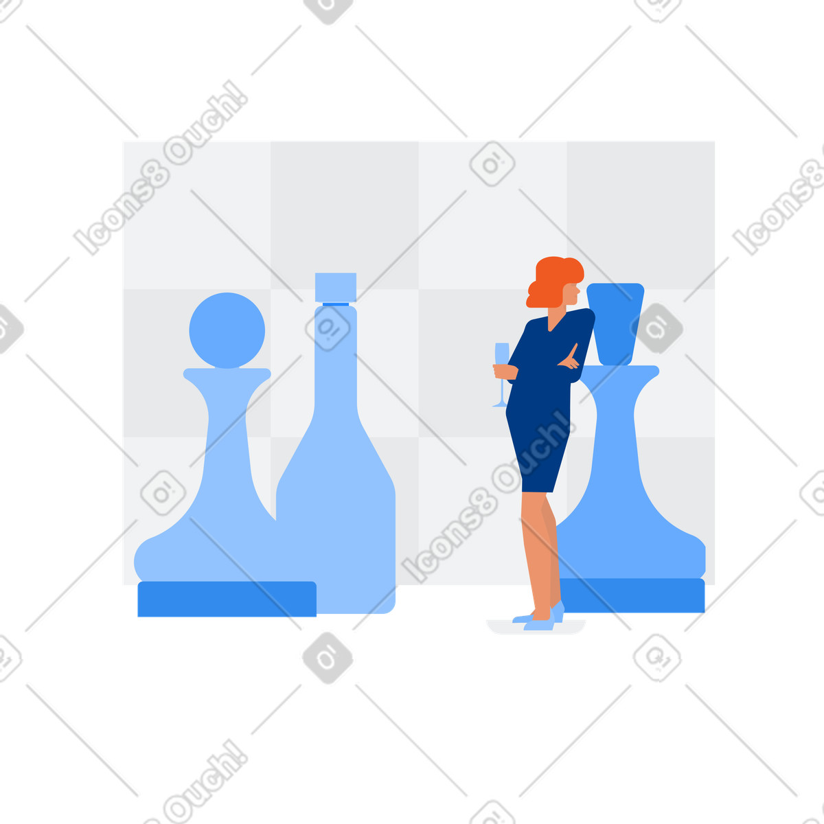 Businesswoman leaning on chess piece, business tactics or problem solving illustration in Urban style download in PNG, SVG