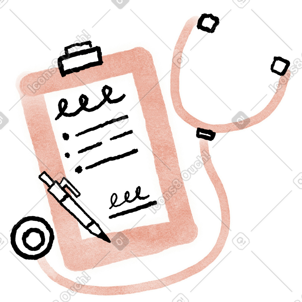 Ilustração de Stethoscope and medical clipboard with pen for patient examination notes em no estilo Anthropic Claude Hand Drawn para baixar em PNG, SVG