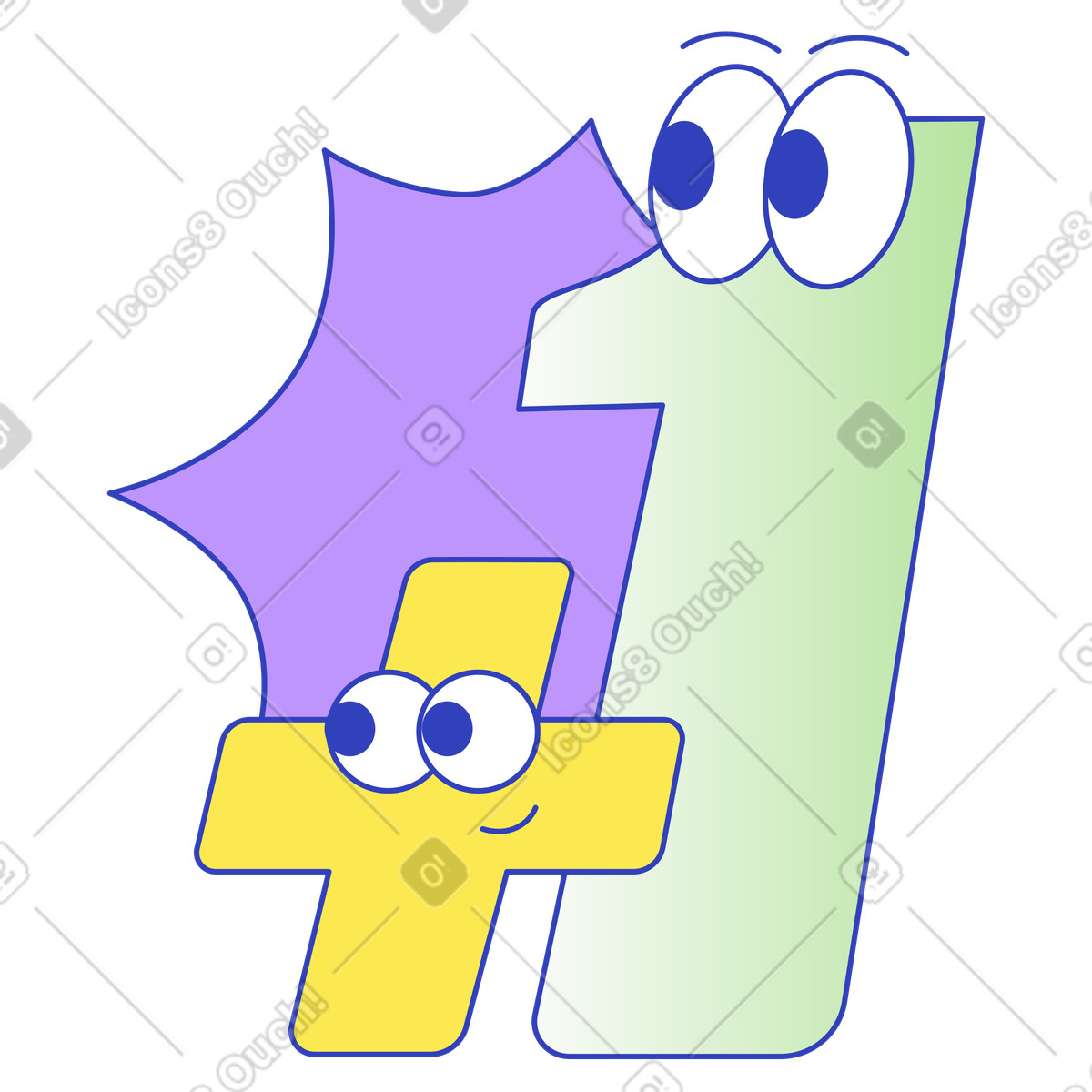 Plus sign and number one characters, playful math for preschool learning illustration in Eyeful style download in PNG, SVG