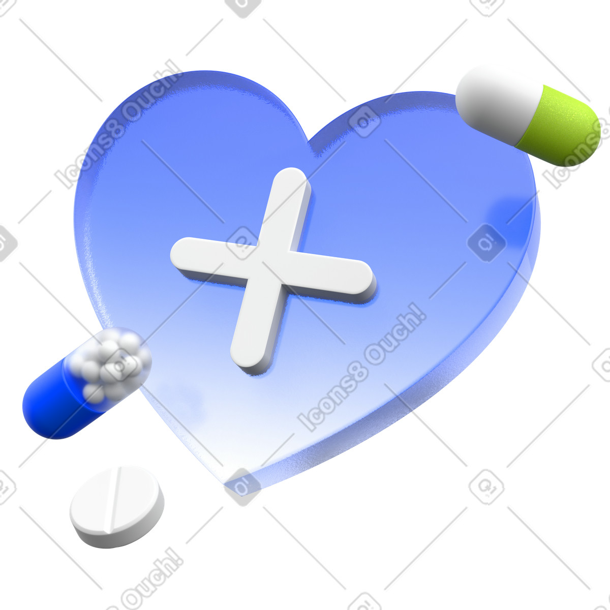 Herz-kreislauf-system und apotheke, blaues herz mit pillen, medizinische wellness-Illustration im 3D Enterprise-Stil als Download in PNG, SVG