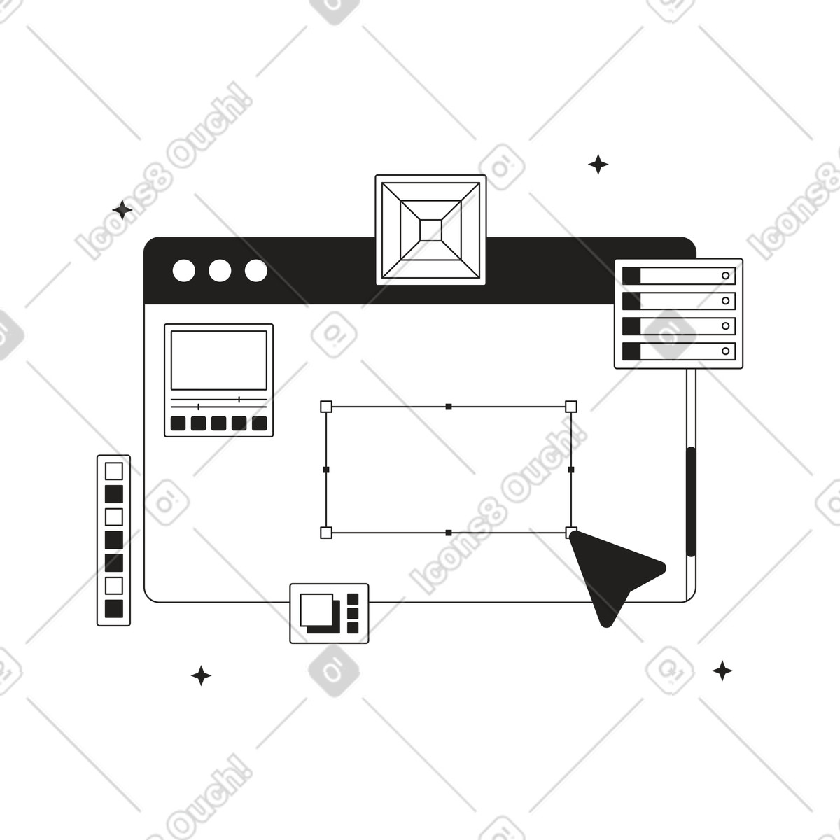 Browser window with settings and design panels illustration in Tokyo style download in PNG, SVG