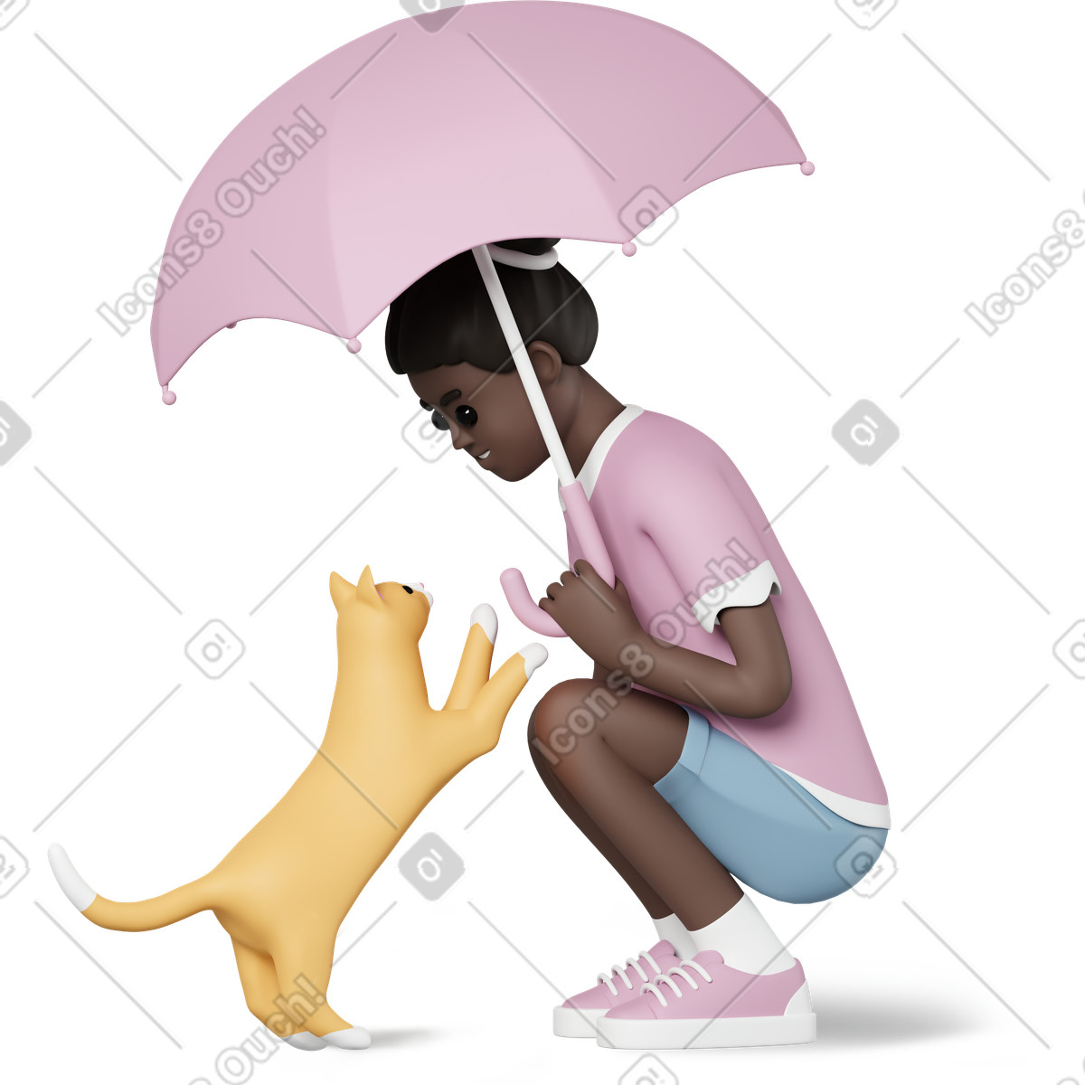 Illustration Fille tenant un parapluie et regardant chat dans le style 3D Casual life à télécharger aux formats PNG, SVG