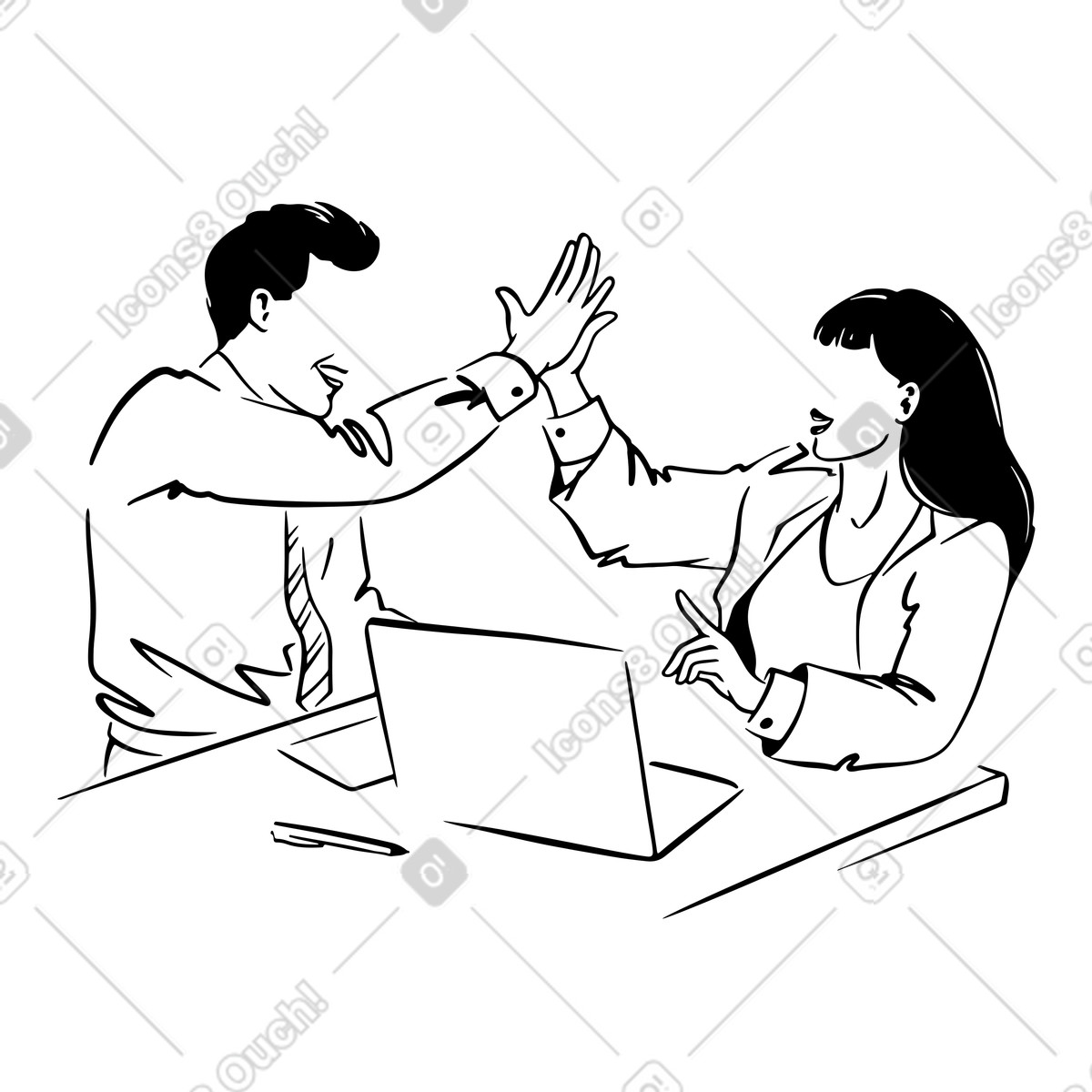 Ilustração de Casal colegas dando high-fives no trabalho em estilo Line para baixar em PNG, SVG