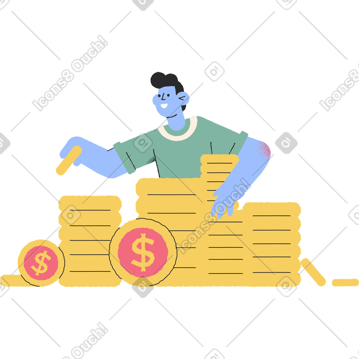 Pablo スタイルの Man with pile yellow coins dollars のイラストをPNG、SVG形式でダウンロード