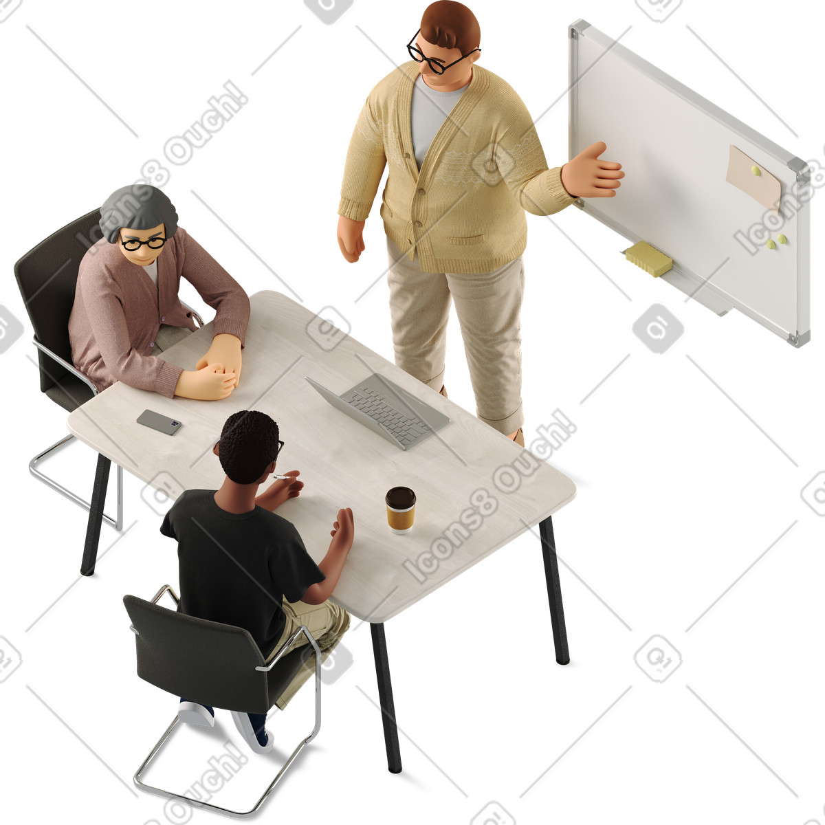 Three employees working at a table-Illustration im 3D Business-Stil als Download in PNG, SVG
