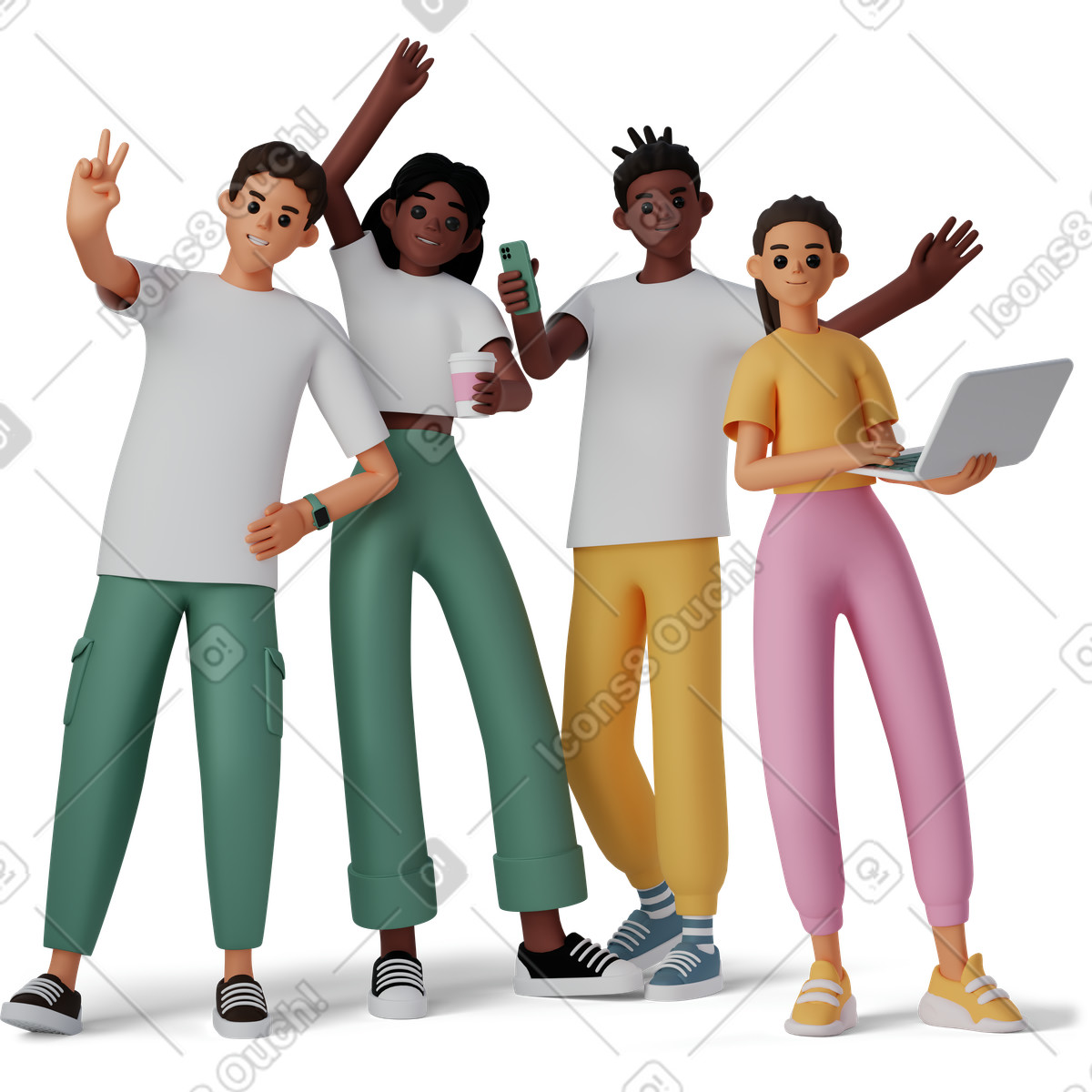 3D Casual life 스타일의 Team of young people with laptop and phone, startup collaboration brainstorming 일러스트레이션 PNG, SVG 다운로드
