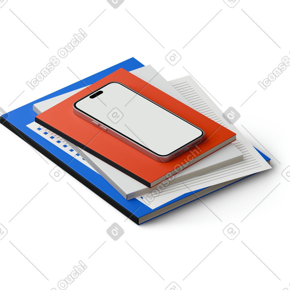 Иллюстрация Isometric view of smartphone lying on a pile books в стиле 3D Hygge — скачать в форматах PNG, SVG