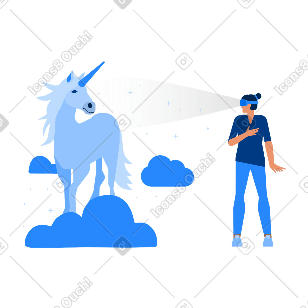Donna con visore vr che vede un unicorno illustrazione in stile Urban scarica in PNG, SVG