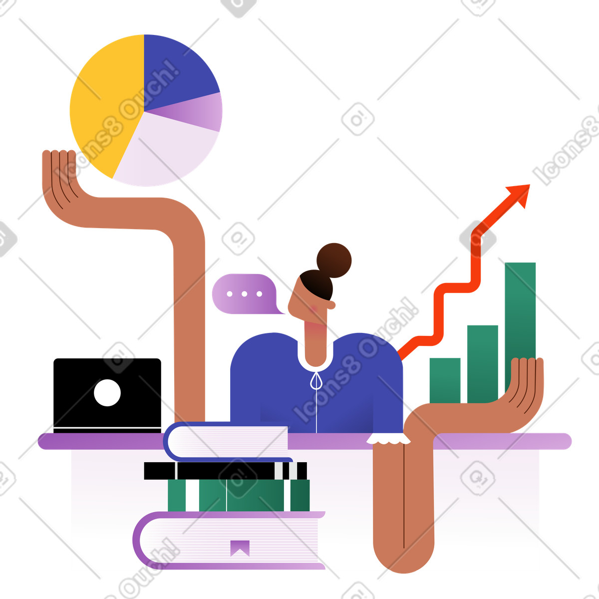 Office worker showing pie and bar charts at workspace, Marketing reporting or data visualization illustration in PNG, SVG