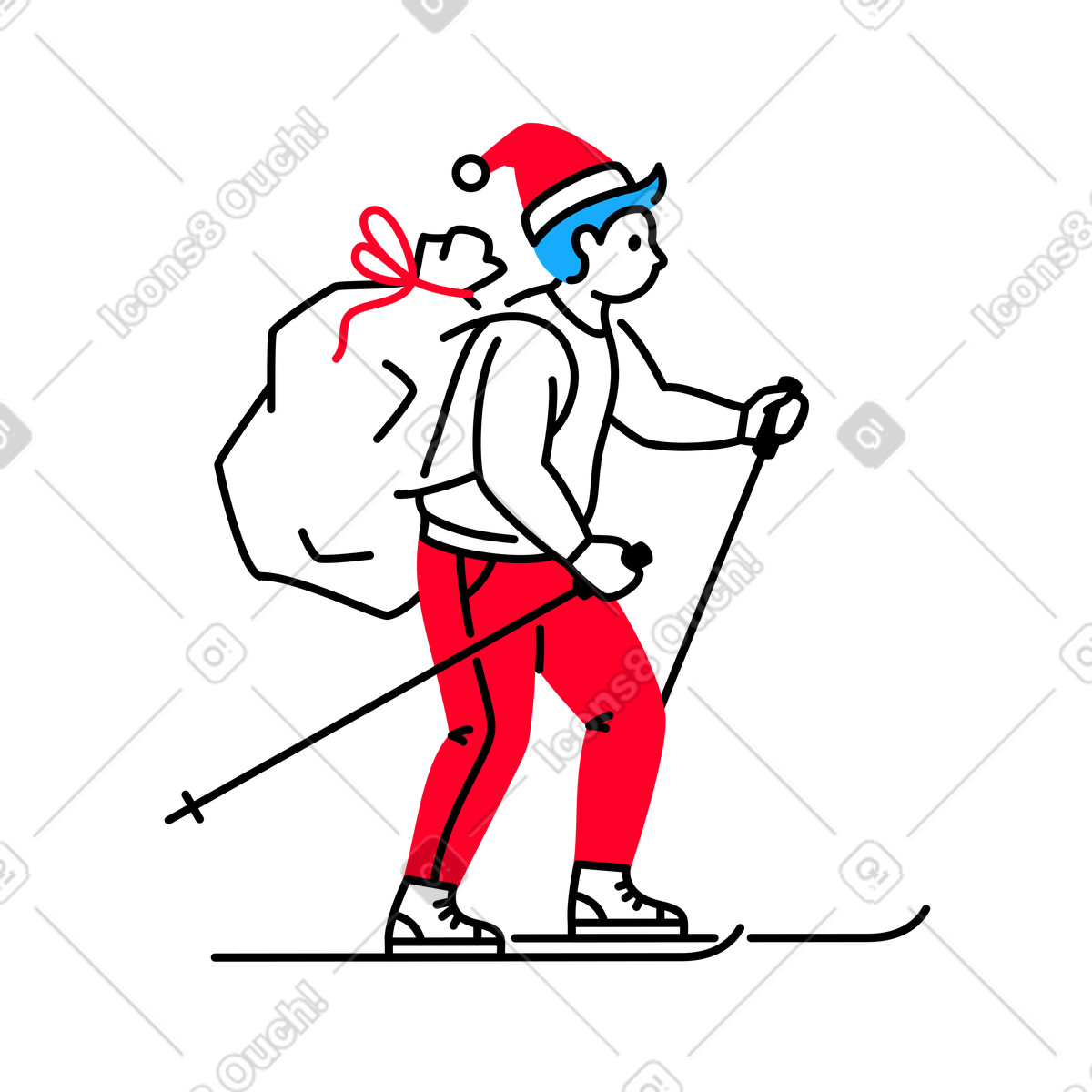 Illustration Homme sur des skis transportant cadeaux de noël dans le style Transistor à télécharger aux formats PNG, SVG