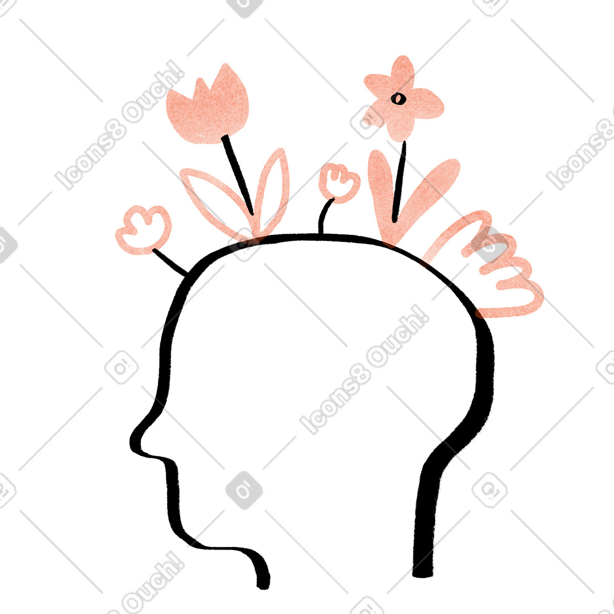 Mind with flowers for mental health growth and emotional healing illustration in Hand-drawn animation style download in PNG, SVG