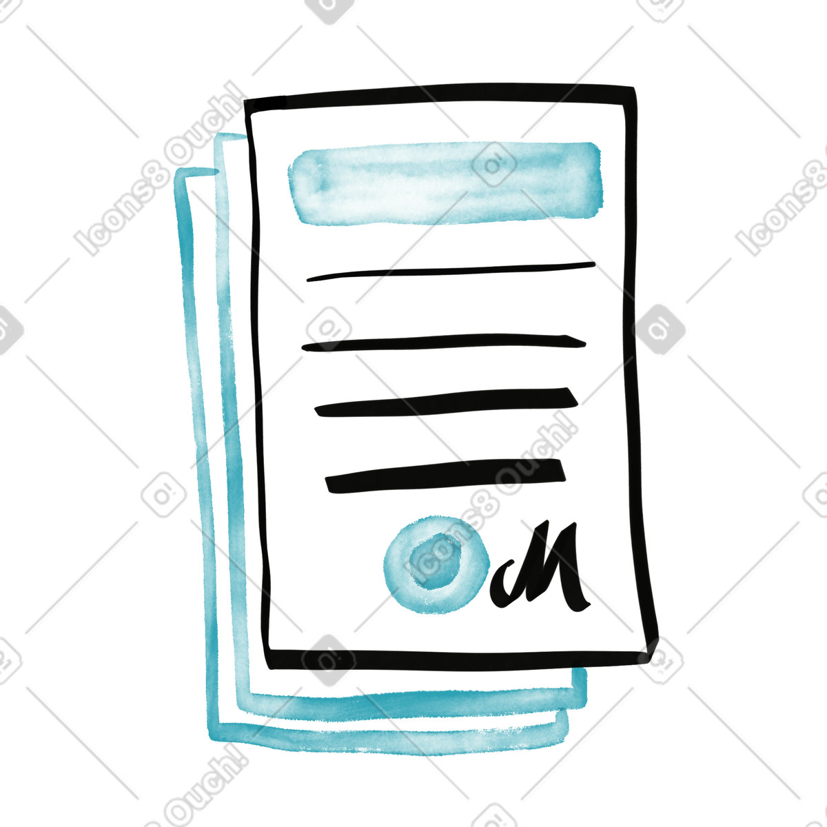 Document contract page with blue seal stamp and signature mark illustrazione in stile Watercolor sketch scarica in PNG, SVG