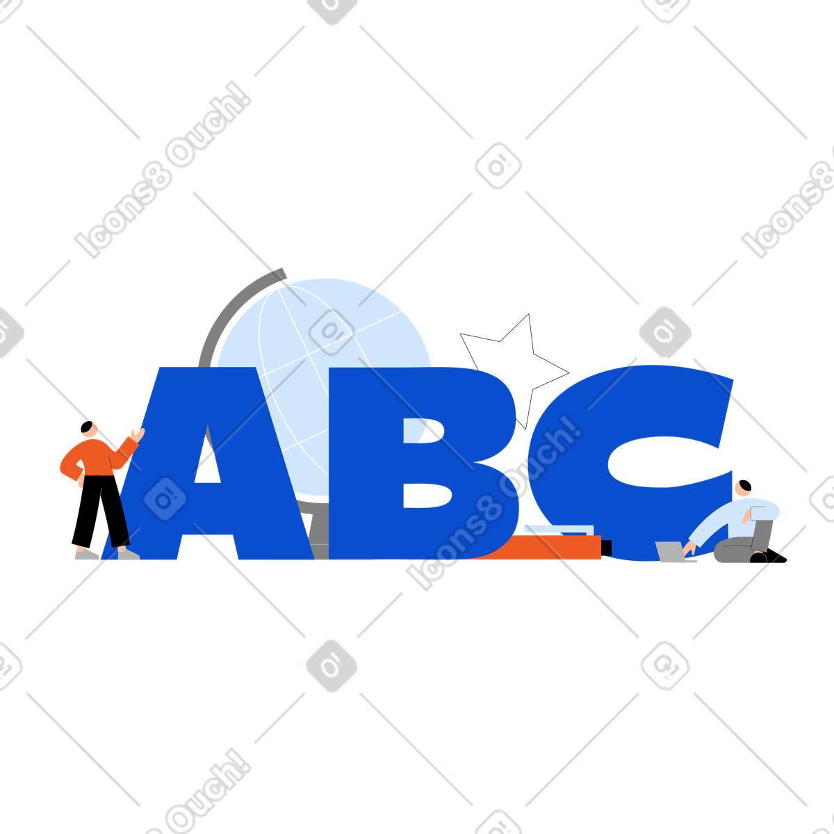 Lettering ABC with globe, star and pen text illustration in Tiny style download in PNG, SVG
