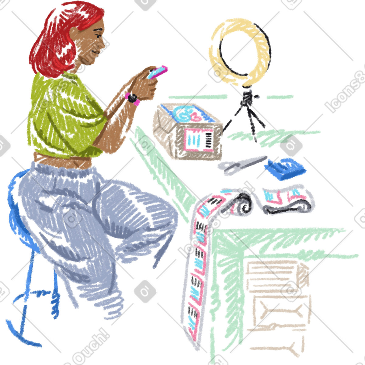 Frau fotografiert verpackte waren-Illustration im Sketchbook-Stil als Download in PNG, SVG