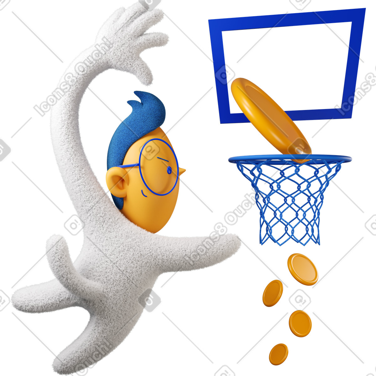 Boy putting money in basketball hoop eagerly illustration 3D Buddy style download PNG, SVG