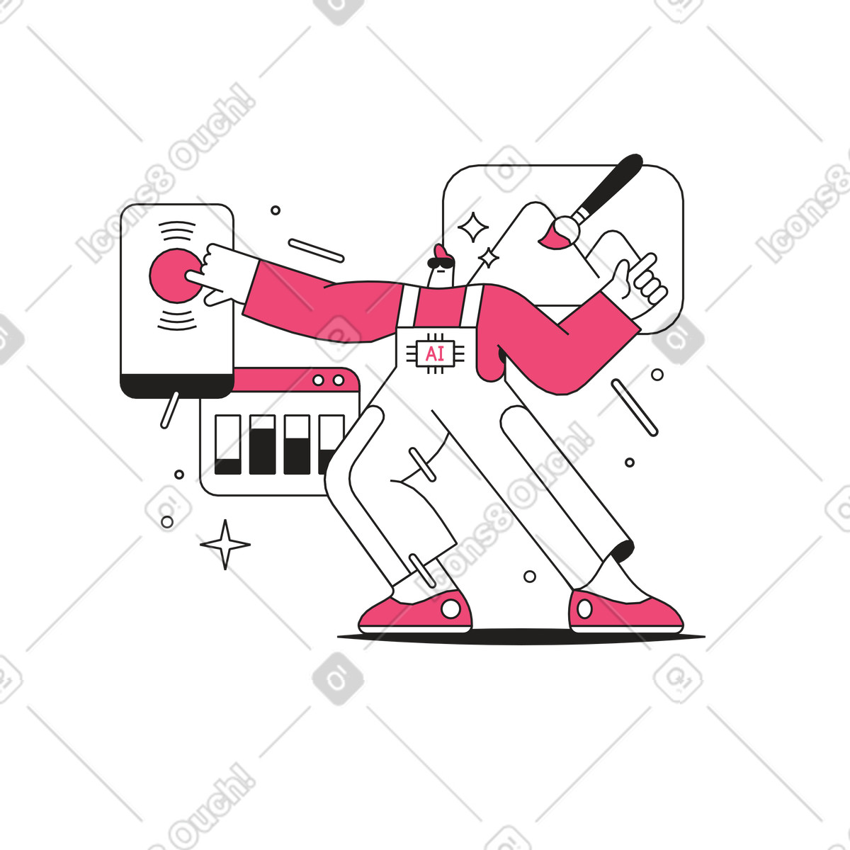 下载 Dazzle Line 风格的 AI bot engaging with sound and visuals, Automation in creative analytical tasks 插画，支持 PNG、SVG 格式