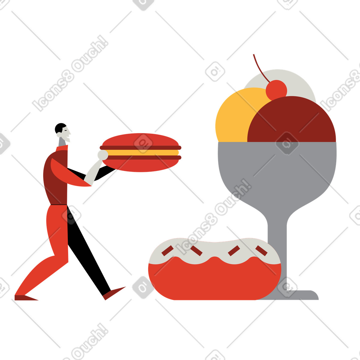 Ilustración Hombre apartando un macaron, donut y helado en estilo Burgundy a descargar en PNG SVG