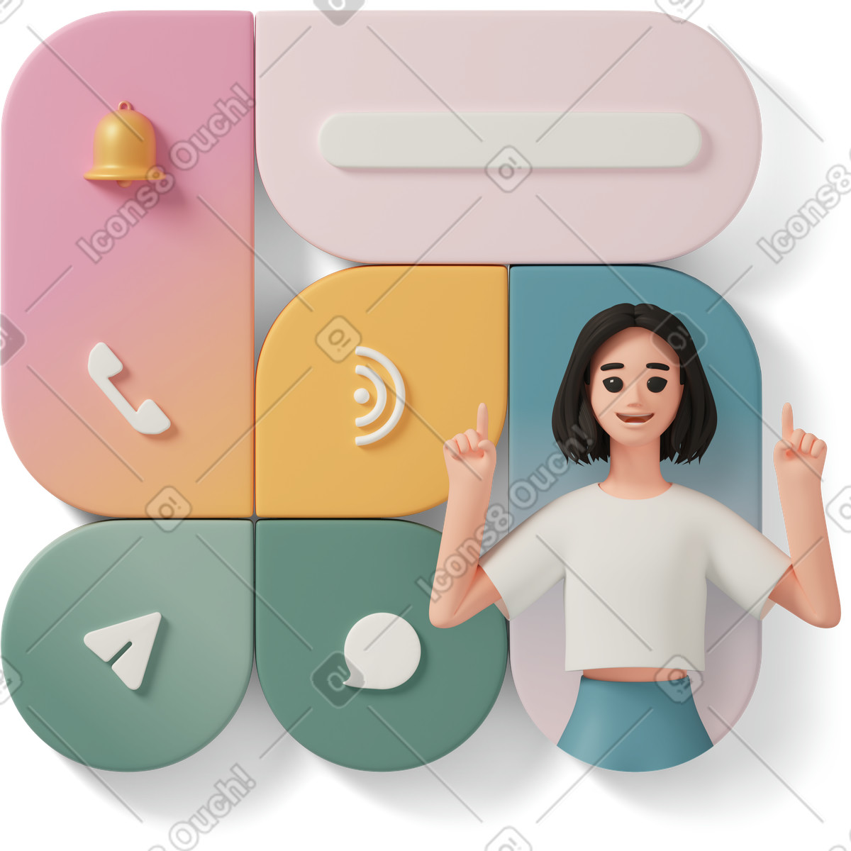 Illustration Femme souriante sur fond d'icônes de communication dans le style 3D Casual life à télécharger aux formats PNG, SVG