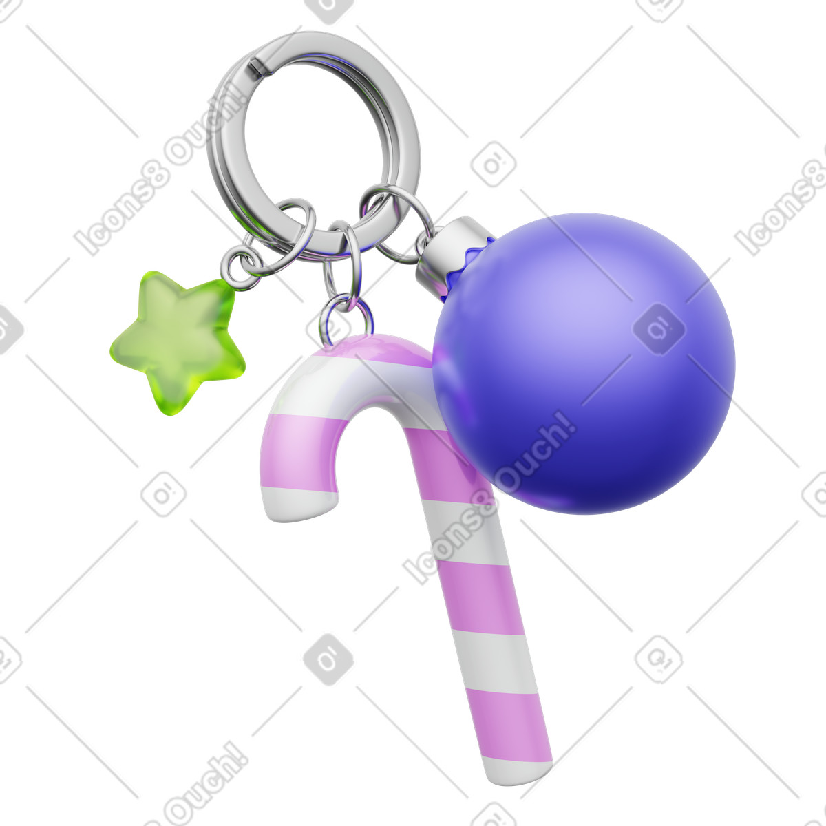 Striped candy cane and bauble on keyring, Seasonal decor accessory illustration in 3D Playful style download in PNG, SVG