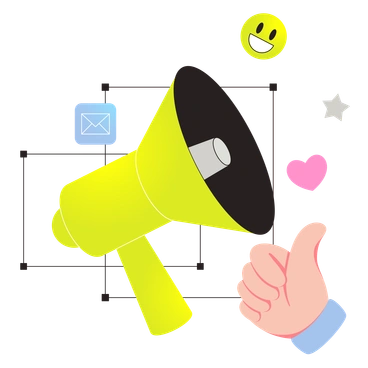 A megaphone with icons and thumbs up - Like style illustration