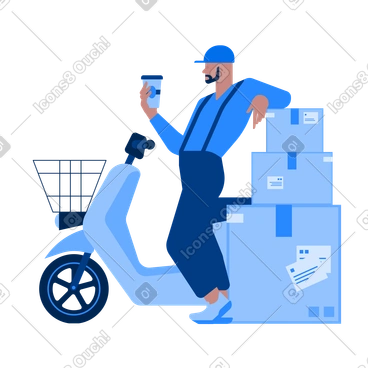 패키지를 들고 커피를 마시는 배달원 PNG, SVG