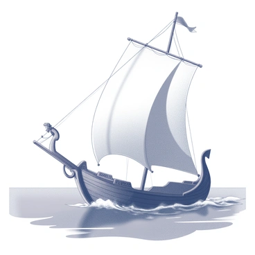 A Viking ship sails across the sea. The ship features a dragon-shaped prow, elegantly cutting through the waves. The vessel is adorned with intricate carvings along its sides, showcasing the craftsmanship of its builders. The sails are billowing in the wind, adding to the sense of movement as the ship navigates the open water. In the background, the distant horizon meets the sky, emphasizing the vastness of the ocean.