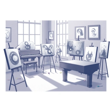 An art studio filled with various easels positioned around the room. Each easel holds a canvas displaying intricate designs and detailed images. In one corner, there is a grand piano with polished wood, its keys shining. The floor is scattered with brushes and paint tubes, suggesting recent artistic activity. The walls have a variety of paintings framed, showcasing a range of styles and subjects, creating a vibrant atmosphere. The natural light streams in through large windows, illuminating the creative space.