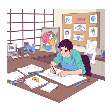 An artist with short brown hair is sitting at a large wooden table in a creative studio, surrounded by various art supplies. The artist is sketching ideas for a new goalie mask on a white sheet of paper. Several colorful concept sketches are pinned to a corkboard behind the artist, showcasing different designs and patterns. The studio has large windows that allow natural light to illuminate the space, highlighting a few paint cans in the background. The artist is wearing a blue apron over casual clothing, focused on bringing a unique vision to life.