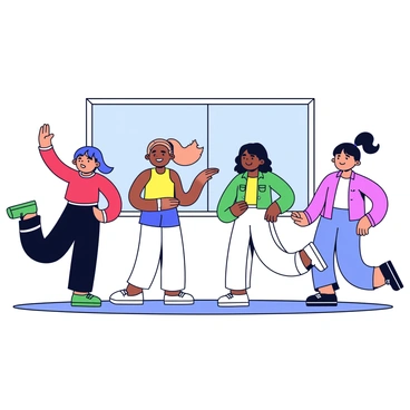 A group of five people participating in a dance class. Each person is dressed in colorful dance attire. One person is wearing a bright red top and black leggings, another is in a yellow tank top and blue shorts. There is a person in a green shirt and white pants, while another wears a purple outfit. The fifth person is dressed in a pink tunic and gray leggings. They are all in dynamic poses, moving joyfully to the music, with smiles on their faces. The background features a simple wooden floor and a large mirror reflecting their movements.