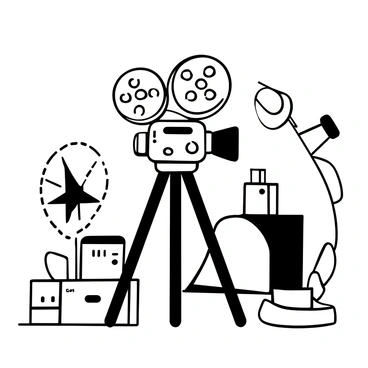 A classic film camera positioned on a sturdy tripod, with film reels stacked beside it. The camera features detailed knobs and a sleek design, showcasing its vintage aesthetic. In the background, there are various movie set elements, including lights and props strategically placed, emphasizing the film production environment. The scene is arranged to highlight the camera as the central focus.