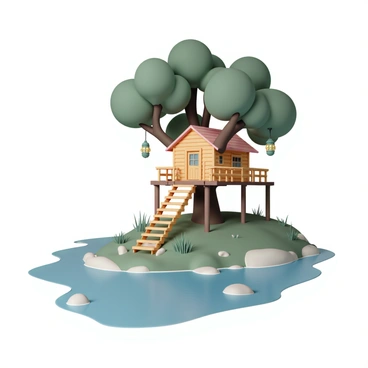 A treehouse on stilts, elevated above the ground, situated near a flowing river. The treehouse features wooden walls and a slanted roof, blending with the surrounding nature. Lanterns are hanging from the branches of a large oak tree, casting a warm glow. A wooden walkway connects the treehouse to the riverbank, with steps leading down to the water. The river flows gently, surrounded by lush greenery and soft grasses.