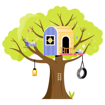 A whimsical treehouse built among the branches of a giant oak tree. The treehouse has a rounded shape with colorful wooden panels in shades of blue, green, and yellow. A small balcony with a wooden railing overlooks the ground, and a rope ladder hangs down from it. The oak tree has a thick trunk and a sprawling canopy of leaves that filter the sunlight. Surrounding the tree are various whimsical decorations, including lanterns hanging from the branches and a tire swing swaying gently. A few birds are perched on the branches, adding to the lively atmosphere.