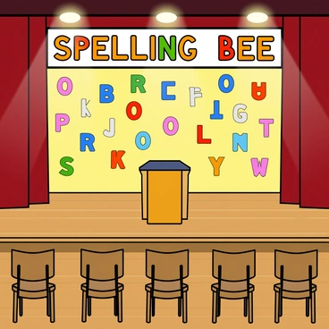 A spelling bee stage set under bright lights with a polished wooden floor. The stage features a large, colorful banner reading "Spelling Bee" in bold letters above. Surrounding the stage, a vibrant background is filled with various letters of the alphabet in different colors, sizes, and styles, appearing to float freely. Some letters are uppercase while others are lowercase, creating a playful atmosphere. A small podium sits at the center of the stage, ready for the contestants. There are also several empty chairs lined up in front of the stage, waiting for the participants.